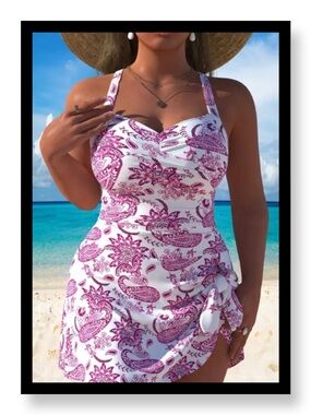 🆕 Plus Size Women’s White and Magenta Paisley Tankini Dress